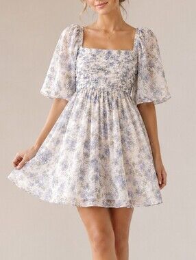 Abercrombie Blue Floral Emerson Angel Sleeve Mini Dress Small Petite Cottagecore